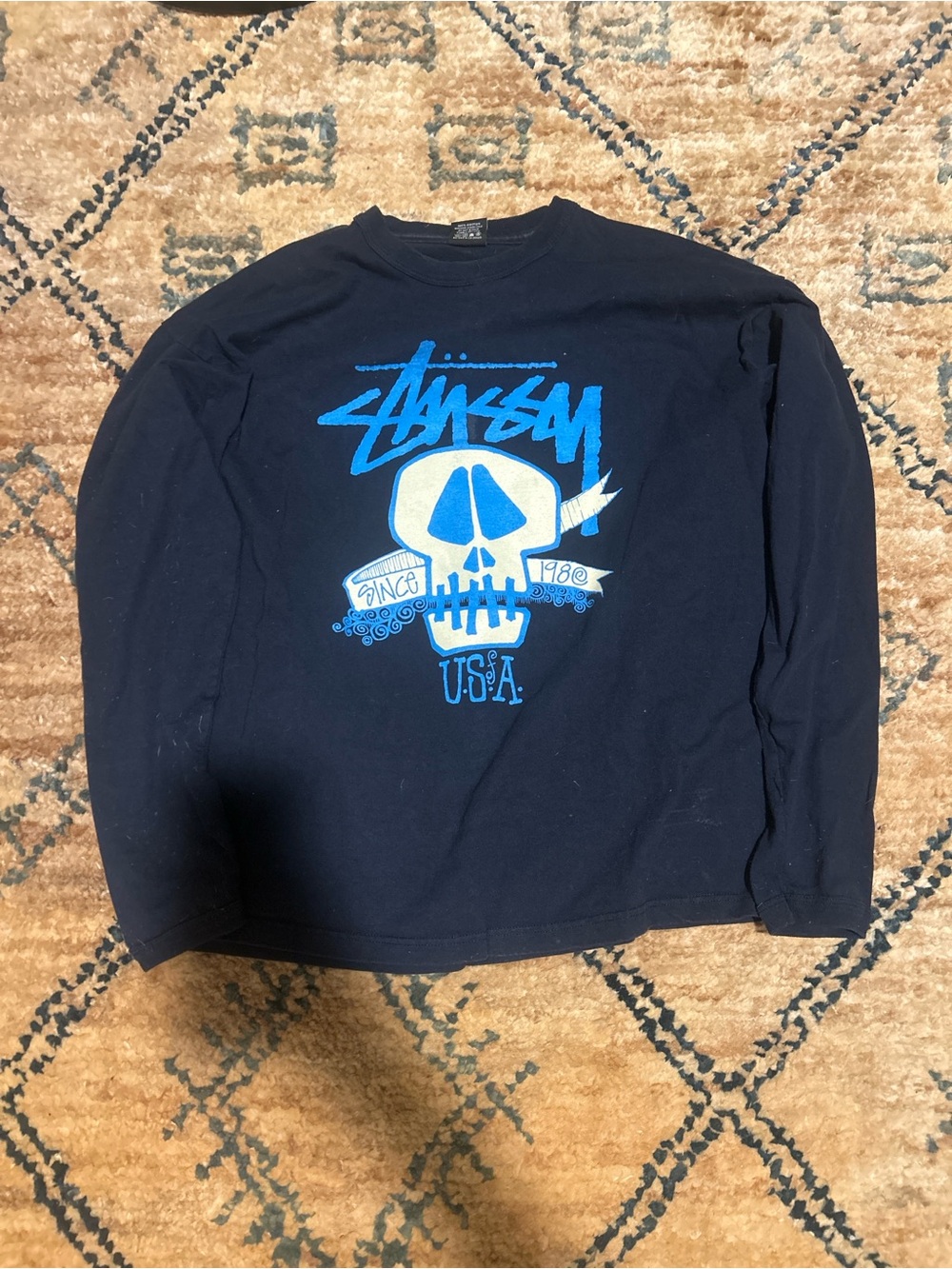 Stussy Navy Long-Sleeve Shirt with Blue Skull Graphic